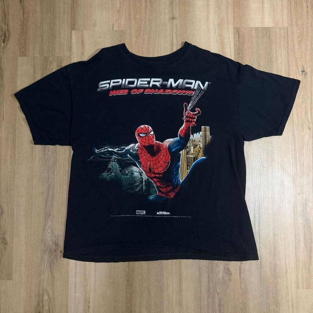 Spiderman Web Of Shadows Y2K Faded Black Shirt Sz XL Promo Tee Superhero Merch
